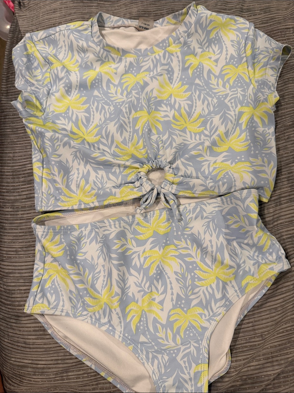 Old Navy Girls Light Blue and Yellow Tropical One-Piece Swim Suit with Front Tie